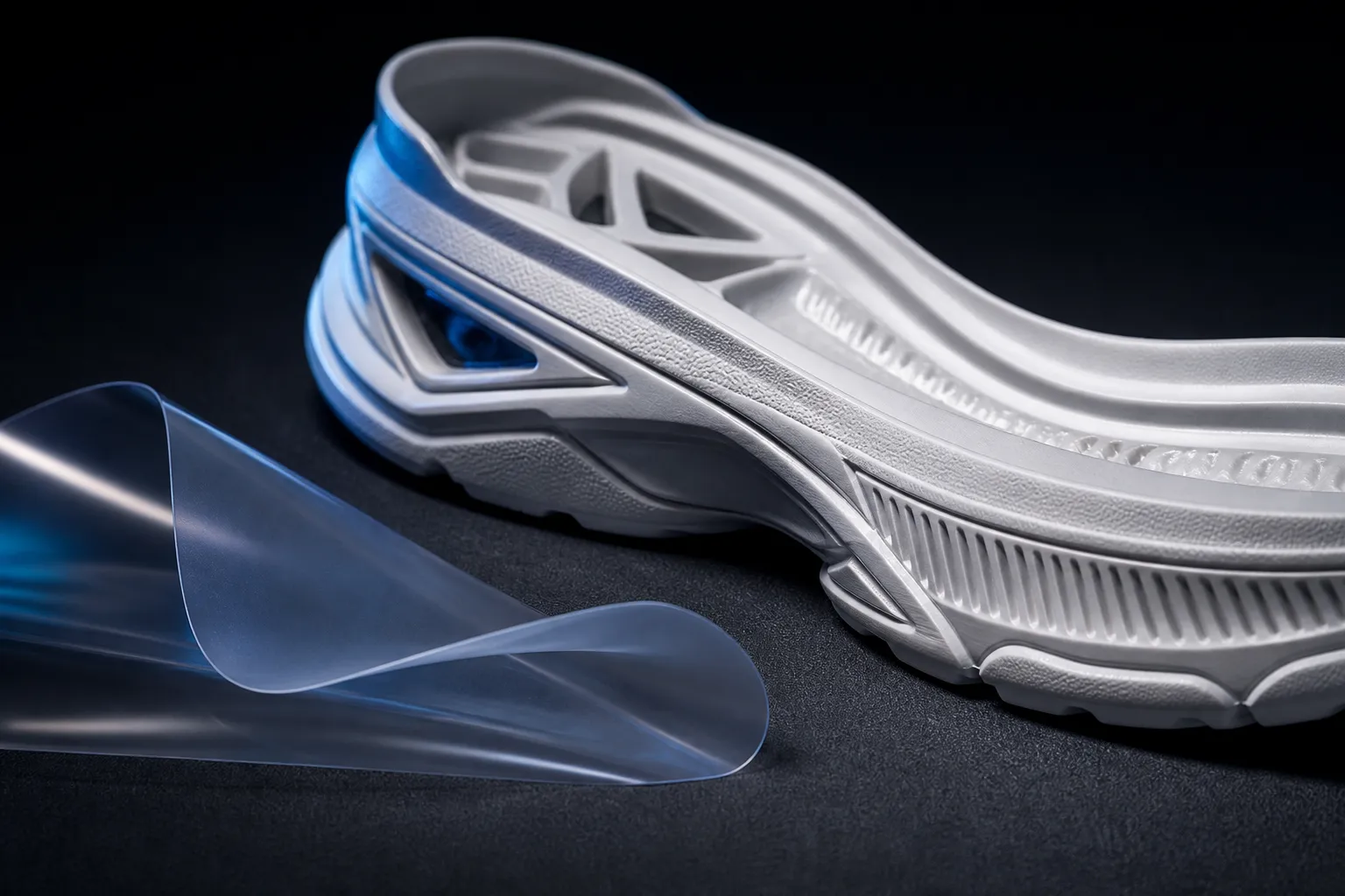 Precision injection molded outsole components and TPU film